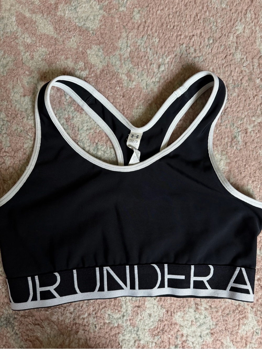 Under Armour Black High Impact Sports Bra with White Trim and Branded Band